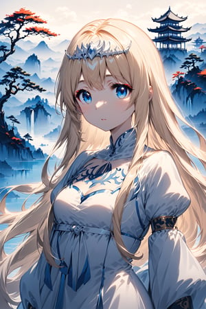 Very beautiful and elegant girl, close-up, sumi-e forest in the background, attractive asian makeup, Ink art,Eyes, Beautiful eyes,anime,1girl,solo,Calca, ,blonde hair, , medium chest, extremely long hair, very long hair, extra long hair, white tiara, white dress, blue eyes,