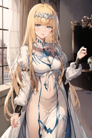 1girl, solo, Calca, Calca Bessarez, blonde hair, extremely long hair, very long hair, white tiara, white dress, blue eyes, medium chest, in luxurious room, castle background