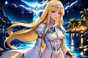 (sacred night and water magic caster),(ultra-fine HDR),extremely delicated and beautiful,  , 1girl, solo, Calca, Calca Bessarez, blonde hair, (extremely long hair:1.3), very long hair, white tiara, white dress, blue eyes, medium chest, extremely long hair, medium breast, close up, 