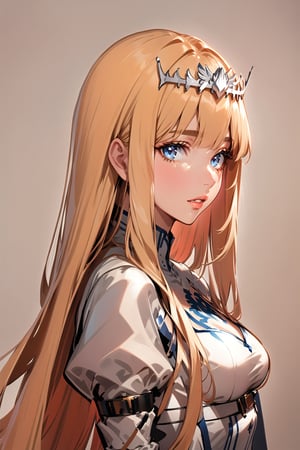 1girl, solo, very long hair, looking at the viewer, blue eyes,   upper body, parted lips, , from the side, lips, looking to the side, ,Calca, calca, blonde hair, long hair, medium chest, extremely long hair, very long hair, extra long hair, white tiara, white dress, blue eyes, Calca Bessarez, medium breast,