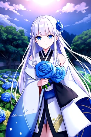 //Quality,
masterpiece, best quality
,//Character,
1girl, solo
,//Fashion,
,//Background,
night, Rose garden
,//Others,
 blue roses, 1girl,,Yuki Onna,  japanese kimono, bare shoulder, light blue hair, extremely long hair, blue eyes, hair ornament, blue ribbon, blue earring,