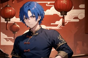 //Quality,
(masterpiece), (best quality), 8k illustration,
//Character,
1male, solo, china background, Chinatown, dark blue Chinese outfit,

 red theme, Chinese lantern, Chinese decoration, blue outfit, blue uniform, Chinese New Year, Chinese festival, dark blue Chinese dress, Chinese theme outfit, Chinese pattern outfit, ,,Brain, Brain Anglaus, blue hair, muscle body, black eyes, 