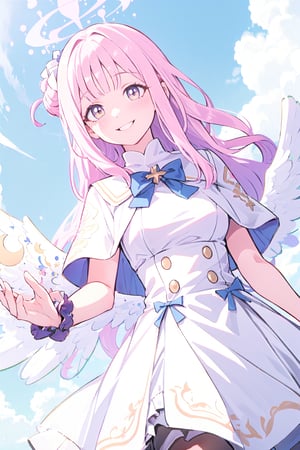 Misono Mika, lower wings, reaching out from below, white dress, pink_hair, smiling, looking down, heaven, clouds, blue sky, five finger hand, 