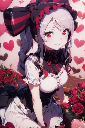 (((picture perfect))), (absurdres), 1girl, solo, , shalltear bloodfallen, frilled dress, gothic, bonnet, hair bow, fang out, looking at viewer, smile, Valentine wallpaper, Valentine background, red and pink theme, heart, chocolate, love, holding chocolate, roses decoration, in pink cafe