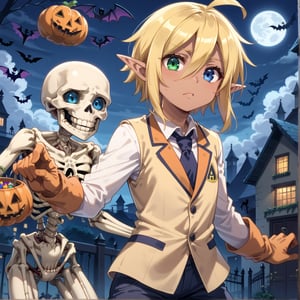 score_9,score_8_up,score_7_up,source_anime,BREAK,Aura Bella Fiora \(overlord\),short hair, blonde hair, hair between eyes, blue eyes, green eyes, heterochromia, pointy ears, dark skin, elf, ahoge, Halloween shirt, long sleeves, orange gloves, white vest, black pants, 1girl, (Halloween party:1.4), (Halloween decoration:1.4), grave yard, night time,, Haunted house, Ghostly fog, (skeleton dog around:1.4), skeleton beasts, flying skeleton dragon