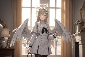  best quality, highres, , halo, long hair, hair flower, angel wings, white wings, low wings, angel wings, , , black bow, , white dress, long sleeve, pantyhose, , , cowboy shot, capelet, ,, indoor, in luxurious room, living room, window, day light,nagisadef, dark yellow eyes, 