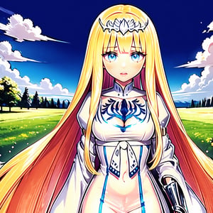 Very beautiful and charming girl. She is very badass. She has beautiful long hair.   1girl, solo, Calca, Calca Bessarez, blonde hair, (extremely long hair:1.4), very long hair, white tiara, white dress, blue eyes, medium chest, extremely long hair