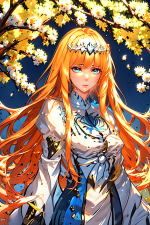 (masterpiece: 1.2)), beautiful and aesthetic girl, ((1girl)), extreme detailed, highest detailed image, ((detailed eyes)), ((light particles)), sexy, cherry blossom, cherry blossoms.,Eyes, 1girl, solo, Calca, Calca Bessarez, blonde hair, (extremely long hair:1.3), very long hair, white tiara, white dress, blue eyes,