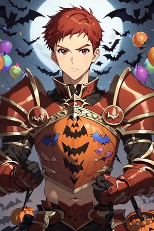 Climb, score_9, score_8_up, score_7_up,, masterpiece, best quality, best aesthetic, 1boy, ((solo)), male focus, red hair, red eyes, short-hair, red armor, red gauntlets, red pumpkins shoulder armor, Spooky breastplate, red armored bootsoutdoors,  (Halloween party:1.4), (Halloween decoration:1.4), black bat wings, serious face 