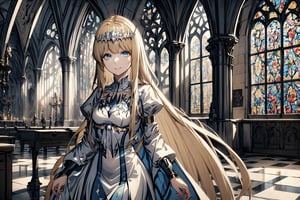 1girl, solo, beautiful blue eyes, Calca, Calca Bessarez, blonde hair, (extremely long hair:1.5), very long hair, white tiara, white dress, blue eyes,,, extremely long hair, , day light, smile, stained glass, dim light, light on the girl, indoor, in the cathedral