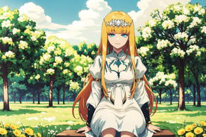 1girl, solo, looking at viewer, smile, ,, sitting, very long hair, closed mouth, , flower, , outdoors, sky, day,, cloud, , , , tree, blue sky, , nature, , yellow flower, Calca, Calca Bessarez, blonde hair, (extremely long hair:1.3), very long hair, white tiara, white dress, blue eyes, medium chest,1 girl,portrait,glitter,Chromaspots,lofi artstyle,tshee00d,vector style,firefliesfireflies,Chinese style,art nouveau