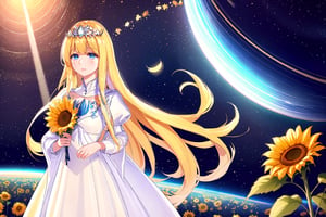 (masterpiece), full body, best quality,ultra_detailed, high res,absurdres:1.2), an anime girl, colorful, she holding sunflower, starry sky, lens_flare, cosmic theme, Saturn in the background,, ,1girl, solo, Calca, Calca Bessarez, blonde hair, (extremely long hair:1.3), very long hair, white tiara, white dress, blue eyes, medium chest