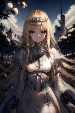 a mysterious girl, golden hair ,fascinator,emo,masterpiece, best quality, aesthetic, 1girl, solo, Calca, Calca Bessarez, blonde hair, (extremely long hair:1.3), very long hair, white tiara, white dress, blue eyes, medium breast, extremely long hair