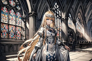 1girl, solo, beautiful blue eyes, Calca, Calca Bessarez, blonde hair, (extremely long hair:1.5), very long hair, white tiara, white dress, blue eyes,,, extremely long hair, , day light, smile, stained glass, dim light, light on the girl, indoor, in the cathedral