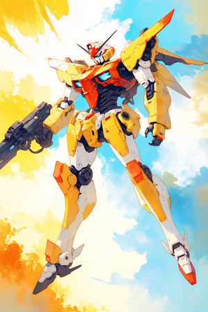 "The overall effect is a blend of impressionism and abstraction, creating a rich, immersive setting that complements the selective focus on a military gundam robot  hovering in the air. The scene should feature an impressionist selective focus on the drone. In contrast, the background should transition into an abstract, painterly environment. The atmosphere should be hazy and diffuse, contributing to an ethereal and somewhat dystopian feel. Indistinct forms and shapes in the background should suggest an accident, possibly people, rendered in a loose, impressionistic style to emphasize mood and atmosphere over detailed realism. Use a muted Cinematic Palette with cooler tones such as blues, teals, and orange to create depth and atmosphere. Use muted shades of earthy tones to depict worn, weathered and aged appearances. Use muted accents like rusty orange-yellows, and rusty teals to highlight tiny areas and add visual interest. Use this blend of subdued and bold colors to emphasize the gritty nature of the scene.",palette knife painting