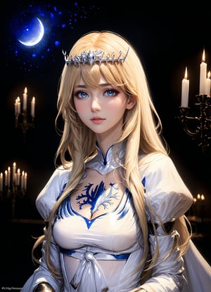 (sacred night),(ultra-fine deep ultramarine HDR),extremely delicated and beautiful,8K,deep ultramarine painting,,  1girl, solo, Calca, Calca Bessarez, blonde hair, (extremely long hair:1.3), very long hair, white tiara, white dress, blue eyes, medium chest, extremely long hair,medium breast