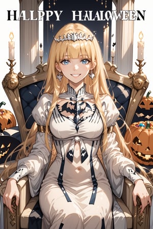 magazine, magazine cover, score_9, score_8_up, masterpiece, best quality, highres, BREAK, solo, smile, female focus, earrings,
(masterpiece), (best quality), 8k illustration, solo, in hall, palace, throne,  (Halloween party:1.4), (Halloween decoration:1.4), blonde hair,Calca,Calca Bessarez,1girl,(extremely long hair:1.3),white tiara,white dress,blue eyes,medium chest,blunt bangs