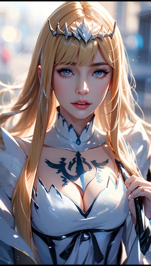 masterpiece, RAW,, ultra realistic, , looking at viewer, perfect face, facing viewer, photorealistic,  4K, 8k HD, Circle, high quality, ,1 portrait, ,1girl, solo, Calca, Calca Bessarez, blonde hair, extremely long hair, very long hair, white tiara, white dress, blue eyes, medium chest