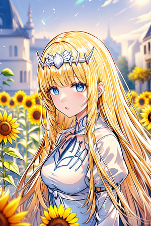  flower, outdoors,  blurry, from the side, yellow flower, sunflower, 1girl, solo, Calca, Calca Bessarez, blonde hair, (extremely long hair:1.3), very long hair, white tiara, white dress, blue eyes, medium chest,