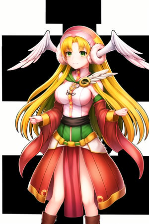 absurdres, absolutely resolution, incredibly absurdres, highres, ultra detailed, official art, unity 8k wallpaper,
BREAK
1girl, Divine Chant, 4th Seat of the Black Scripture, blonde hair, green eye, pink dress, green hood, very long hair, 1girl, (white angelwing-shaped earmuffs:1.3),
