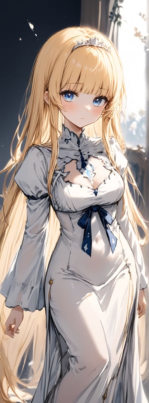 Calca,Calca Bessarez,1girl,blonde hair,(extremely long hair:1.3),white tiara,white dress,blue eyes,medium chest,blunt bangs