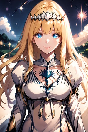  extremely detailed cg, anime picture, shiny hair and skin, masterpiece, best quality, ultra-detailed,  pale skin, glowing eyes, standing, cowboy shot, arms at sides, looking at viewer, smile, royal, majestic, elegant, graceful, particle effect, , outdoors,  night, nebula, stars, galaxy, chichibukuro, more detail XL, 1girl, solo, Calca, Calca Bessarez, blonde hair, (extremely long hair:1.3), very long hair, white tiara, white dress, blue eyes, medium chest