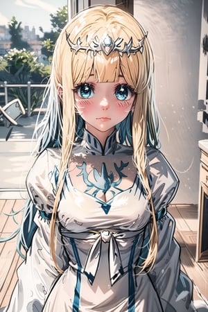 1girl, solo, looking at viewer, blush, , ,  closed mouth, blue hair,upper body,  indoors,  door, peeking out, open door,  Calca, Calca Bessarez, blonde hair, extremely long hair, very long hair, white tiara, white dress, blue eyes, medium chest