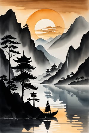 A serene Chinese ink drawing depicts a tranquil scene: a misty lake reflects the muted hues of a setting sun, casting a warm glow on the surrounding mountains  and the boat drifting calmly on the water's surface. The river valley, nestled in the heart of the mountains, creates a sense of negative space, drawing the viewer's eye to the subtle interplay of light and shadow.