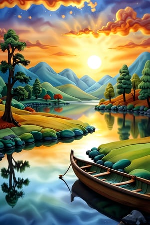 Mid-forest river valley landscape: Softly rendered with Chinese ink, a serene sunset scene unfolds. Muted hues dominate, with gentle gradations of blue and green evoking the tranquil lake's surface. A lone boat glides effortlessly across the water, its reflection creating a sense of symmetry. The surrounding trees, tall and slender, stretch towards the sky, their dark silhouettes punctuating the negative space. The sun dips below the horizon, casting a warm glow on the serene scene.