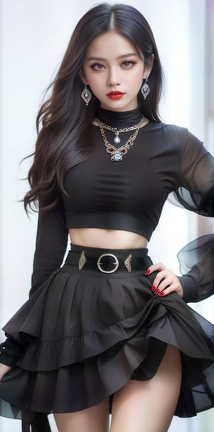 1girl, solo, long hair, breasts, looking at viewer, skirt, shirt, black hair, long sleeves, jewelry, closed mouth, standing, cowboy shot, earrings, midriff, black skirt, necklace, nail polish, black eyes, lips, crop top, hand on hip, black shirt, makeup, lipstick, black nails, red lips,large-eyed 