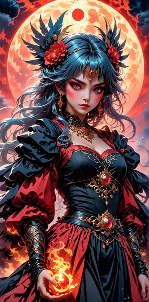 In a majestic, cinematic framing, a dark magician girl stands majestically against a cloudy sky with a red moon and fire clouds. Her striking features are illuminated by a beautiful, detailed glow, highlighting her large forehead, flower-adorned headpiece, and big sleeves. Her black dress is adorned with white gloves and a midriff-baring design. A dove of peace floats in the air above her, surrounded by floating ashes and smoke from gunpowder. Her expressionless face features beautiful, detailed eyes, with disheveled azure hair and long bangs framing her face. The overall composition is set ablaze by fiery explosions in the background, with a sense of burning intensity radiating from the dark magician girl's very presence.