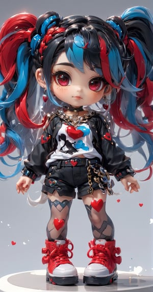 1girl, solo, long hair, looking at viewer, simple background, shirt, black hair, hair ornament, long sleeves, white background, twintails, jewelry, blue hair, standing, full body, white hair, heart, pantyhose, multicolored hair, earrings, shoes, shorts, belt, chibi, chain, black shorts, red footwear