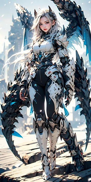 4k,ultra detailed, best quality, masterpiece, 18yo 1girl, ((Full body armor,complex multi-layered mecha armor, scale armor, many complex armor elements, ultra light tight armor, no helmet, insane detail full leg armor)) ((( huge long wings ,1black other is white:1.5)))blue hair,diagonal bangs,french braid,hime_cut,long hair,red neckerchief,canine teeth

 (Beautiful and detailed eyes),
Detailed face, detailed eyes, double eyelids, real hands, ((short hair with long locks:1.2)), ,meteor shower black background,


real person, color splash style photo,
,dragon ear,cool,huge breasts