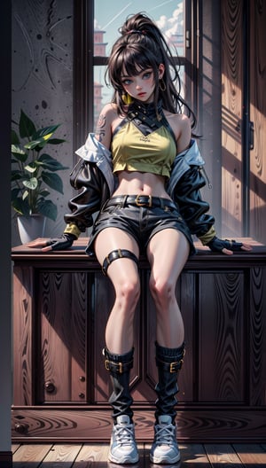 ((masterpiece, high quality, best quality, 8k, fine lineart, highly detailed, absurdres)), body tattoo, 1girl, solo, long hair, breasts, looking at viewer, bangs, blue eyes, brown hair, shirt, gloves, bare shoulders, jewelry, medium breasts, sitting, jacket, full body, ponytail, earrings, boots, shoes, shorts, sleeveless, black gloves, socks, belt, indoors, fingerless gloves, off shoulder, lips, crop top, bare legs, black shorts, from below, sunlight, black socks, sneakers, yellow shirt, ankle boots
