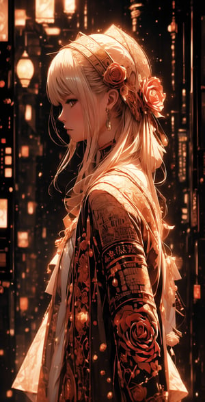 Midnight Tokyo streetscape: A 1-girl portrait, shot from a low angle, with the city lights reflecting off her skin and clothing. The red rose in her hand casts a warm glow. Upper body close-up, selectively focused on the girl's face and rose, with the blurred background mimicking a miniature effect. Highly detailed textures and vibrant colors capture the realistic, photo-realistic quality of an 8K RAW masterpiece.