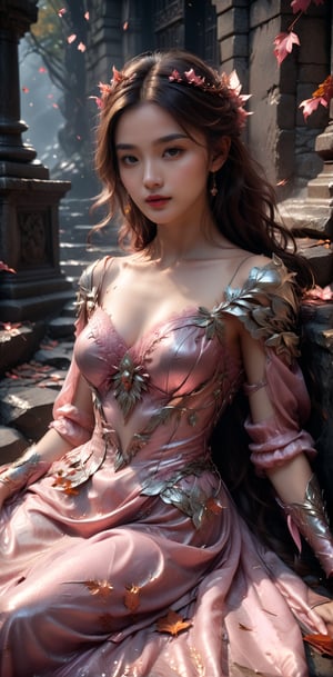 masterpiece,best quality,official art, extremely detailed CG unity 8k wallpaper,absurdres,8k resolution,exquisite facial features,prefect face,metallic luster,Cinematic Lighting

Young woman, sprawled, unconscious, elaborate pink gown cascading, amidst cracked stone, autumn leaves scattered around, dark and atmospheric ambiance, subtle interplay of light and shadow, ultra-detailed 8k, ArtStation trending visual, dark and moody atmosphere, subtle glows.