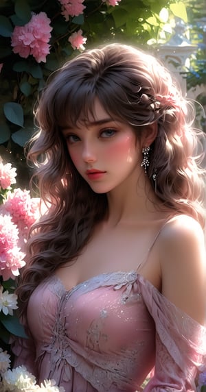 Surrealistic digital painting of a young woman with fair skin, curly fair hair, delicate facial features, enshrouded in a graceful, light pink fabric, slumbering among a plush hydrangea bed of pink and white blossoms, creating a dreamy, ethereal ambiance, palette consisting largely of pinks, whites, and lilacs, invoking a sense of serenity and tranquility, painterly strokes result in. A soft-focused portrait of a young woman with fair skin and curly brown hair with bangs, her delicate facial features illuminated by the gentle glow of a subtle pink fabric wrap. She slumbers amidst a plush hydrangea bed, where pink and white blossoms gently unfold, creating a dreamy, ethereal ambiance. Brushstrokes whisper whispers of pinks, whites, and lilacs, weaving a tapestry of serenity and tranquility. burlesque,shabby chic, fine art, epic, Boho gypsy, marquise, duchesse, dark fantasy
