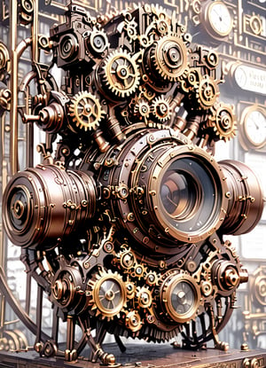  steampunk, no humans, gears, iron, background, sony camera, metal text info,3d camera