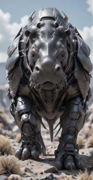 A formidable 8K image of a cyborg hippo charging through a war-torn landscape, defense weapon system for detecting and destroying short-range incoming missiles and enemy aircraft which have penetrated the outer defenses, typically mounted on a cyborg hippo its left side replaced by advanced cybernetics that feature realistic skin textures and integrated heavy weaponry.The rhino's organic right eye bears an artificial silver iris, indicating advanced targeting systems and remote-controlled capabilities,Cyborg blue style
