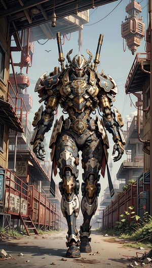 Illustration of a steampunk explorer in a post apocalyptic setting, surrounded by machine parts, mechanical UI, and post apocalyptic landscapes, Surreal steampunk Art Style, Influenced by Deviantart and Ghost in the Shell anime,Render 
,saint_cloth divine_armor