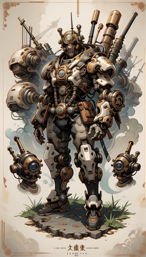 Illustration of a steampunk explorer in a post apocalyptic setting, surrounded by machine parts, mechanical UI, and post apocalyptic landscapes, Surreal steampunk Art Style, Influenced by Deviantart and Ghost in the Shell anime,Render 
