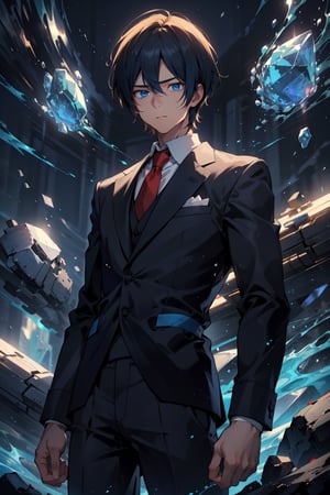 calm and slender girl wearing a schoolboy uniform (white shirt, black pants, red tie). her eyes glow quite brightly in dark blue. she has short blonde hair. This boy looks like a prince. Hyperdetailing masterpiece, hyperdetailing skin, masterpiece quality, with 9k resolution. she has ice powers. cyan eyes. He floats ice clusters around him. Masculine appearance, neat, well-groomed. detalied face.