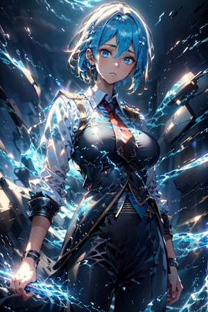 calm and slender girl wearing a schoolboy uniform (white shirt, black pants, red tie). her eyes glow quite brightly in dark blue. she has short blonde hair. This girl looks like a prince. Hyperdetailing masterpiece, hyperdetailing skin, masterpiece quality, with 9k resolution. she has ice powers. cyan eyes. He floats ice clusters around him. Masculine appearance, neat, well-groomed. detalied face.,huge breasts,DonMl1ghtning