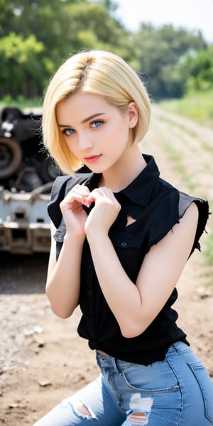 1girl, looking at viewer, short hair, blue eyes, blonde hair, shirt, heart, outdoors, sleeveless, solo focus, pants, torn clothes, black shirt, denim, ground vehicle, jeans, heart hands, torn pants, torn jeans, android 18