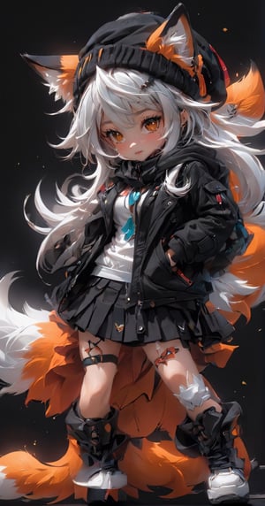 1girl, solo, long hair, looking at viewer, skirt, shirt, long sleeves, hat, animal ears, brown eyes, standing, jacket, tail, full body, white shirt, white hair, pleated skirt, boots, open clothes, miniskirt, black skirt, open jacket, black jacket, v-shaped eyebrows, animal ear fluff, torn clothes, fox tail, wolf ears, black background, bandaid, wolf tail, hands in pockets, beanie, wolf girl, bandaid on leg