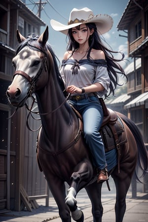 1girl, solo, long hair, breasts, shirt, black hair, hat, braid, pants, off shoulder, denim, jeans, riding, tied shirt, horse, cowboy hat, arctic foxback riding, cowboy western, saddle