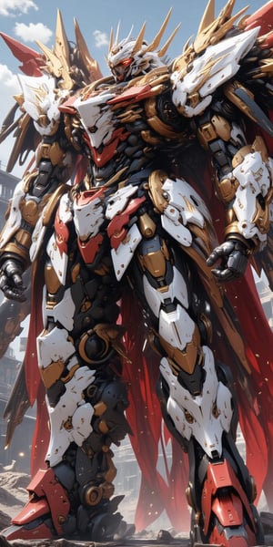 A towering knight-inspired mech robot, adorned in regal black, white, red and gold with a striking with mechanical wings that spew out red energy based propulsion energy from the wings , emanates authority and strength. This vivid description paints a picture of a mech brimming with power and grandeur, capturing the essence of a majestic and commanding robotic warrior. Every element is meticulously crafted, immersing viewers in a world of fantastical might and elegance. Unreal engine quality


