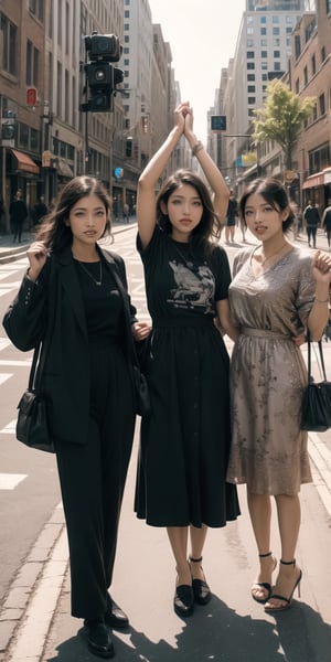 filmic photo of a group of three women on a street downtown, they are holding their hands up the camera
