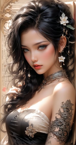 "(close up), ethereal, dark kawaii, resting chin on book, against a grunge off-white and jasmine background, triple exposure, perfect eyes, perfect finger, perfect body, japanese ink, immaculate composition, brian viveros, katsuya terada, esao andrews, anne stokes, complex pose, dynamic light and shadow, bold high quality"