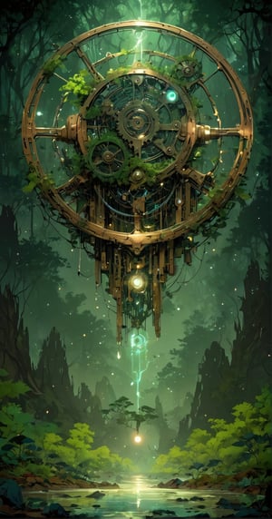 The image is a digital artwork depicting a fantastical machine emerging from a mystical forest. It combines elements of nature with industrial design, suggesting a story of technology and nature intertwined.